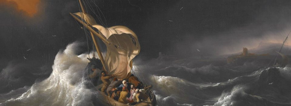 painting of a boat caught on stormy water